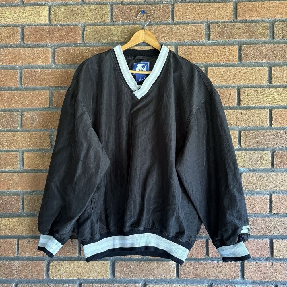 Starter Jacket Pullover V-Neck Men’s Large Black White Vintage Nylon NWOT